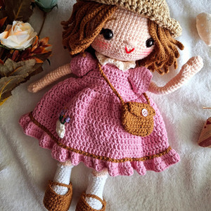 Χειροποίητη πλεκτή κούκλα με ροζ φόρεμα (29cm) - κορίτσι, λούτρινα, κουκλίτσα, κούκλες, πλεχτή κούκλα - 2