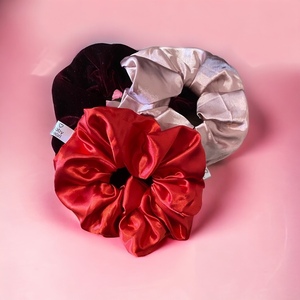 Σετ 3 Scrunchies - Ροζ Κοκκινού Σατέν & Βελούδινο Μπορντό - ύφασμα, λαστιχάκια μαλλιών