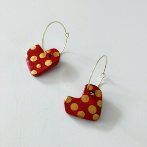 Σκουλαρίκια "Heart ceramics" - κόκκινο, χρυσό - επιχρυσωμένα, πηλός, ατσάλι, κρεμαστά, μεγάλα
