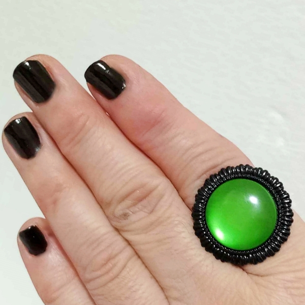 Δαχτυλίδι με πράσινο - σμαραγδί καμπουσόν - ατσάλι, boho, αυξομειούμενα, φθηνά - 2