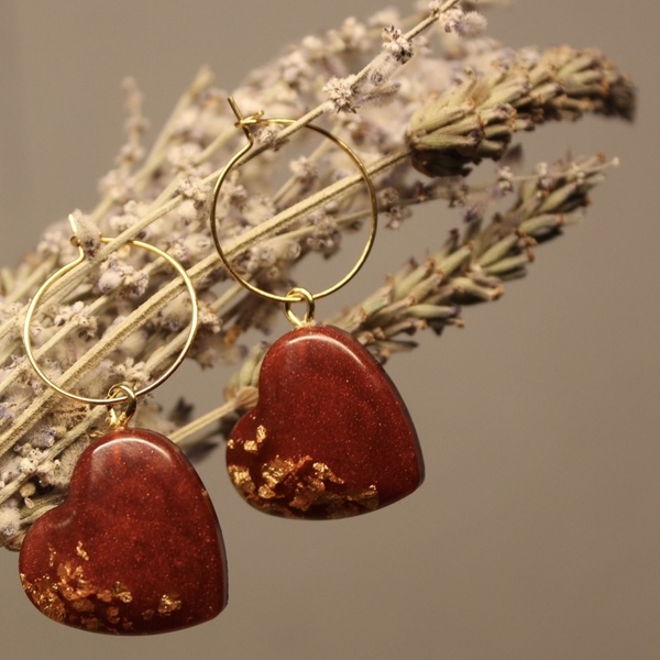 Σκουλαρίκια Red hearts earrings από υγρό γυαλί. - γυαλί, επιχρυσωμένα, ατσάλι, μεγάλα - 2