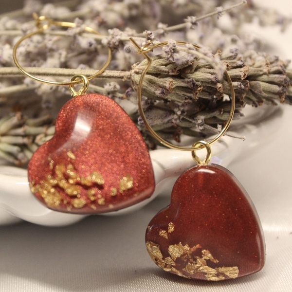 Σκουλαρίκια Red hearts earrings από υγρό γυαλί. - γυαλί, επιχρυσωμένα, ατσάλι, μεγάλα - 3