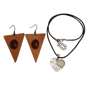 Σετ δώρου, cord necklace καρδιά και δερμάτινα σκουλαρίκια σε σχήμα τριγώνου. - δέρμα, καρδιά, minimal, boho, σετ δώρου