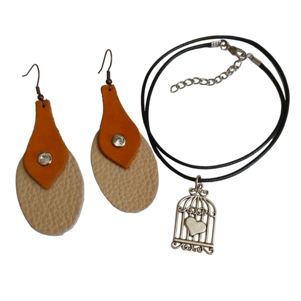 Σετ δώρου, cord necklace καρδιά και δερμάτινα σκουλαρίκια σε σχήμα σταγόνας με στρας. - δέρμα, καρδιά, minimal, boho, σετ δώρου