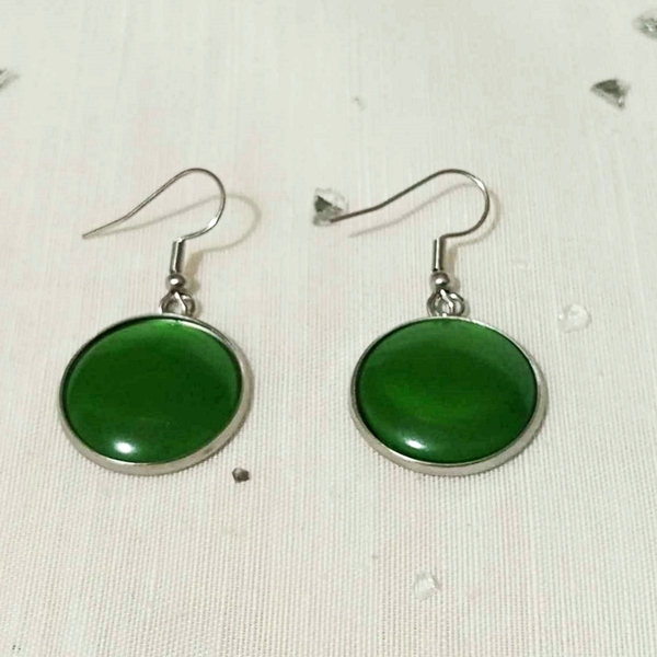 Στρογγυλά σκουλαρίκια με πράσινο καμπουσόν - μακριά, ατσάλι, boho, μεγάλα, φθηνά - 5