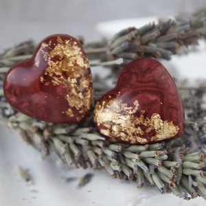 Σκουλαρίκια καρφωτά “red hearts ” από υγρό γυαλί . - γυαλί, επιχρυσωμένα, μικρά, ατσάλι - 2