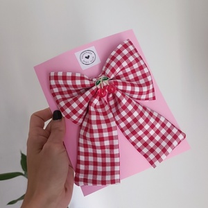 Cherry bow gingham - ύφασμα, hair clips - 2