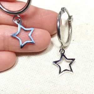Ατσάλινα σκουλαρίκια κρίκοι με αστέρια - επάργυρα, μικρά, ατσάλι, φθηνά - 4