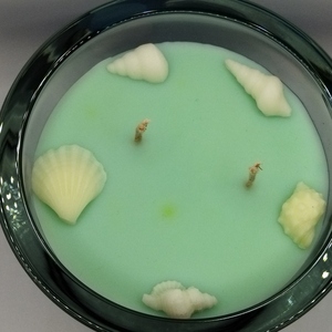 Χειροποίητο αρωματικό κερί 700γρμ με άρωμα βανίλια τρίχρωμο μπλέ, άσπρο, θαλασσί 13εκ Χ13εκ σε γυάλινο βάζο - αρωματικά κεριά - 2