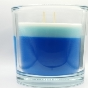 Χειροποίητο αρωματικό κερί 700γρμ με άρωμα αγιόκλημα τρίχρωμο μπλέ, άσπρο,θαλασσί 13εκ Χ13εκ σε γυάλινο βάζο - αρωματικά κεριά - 3