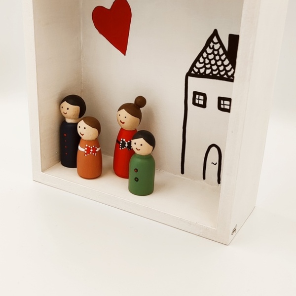 Δώρο για οικογένεια shadow box με ξύλινες φιγούρες - ξύλο, σπίτι, μινιατούρες φιγούρες - 2