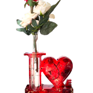 Χειροποιητο Πρωτοτυπο Βαζο και κοκκινη Καρδια απο υγρο γυαλι με αποξηραμενα τριανταφυλλα και φυλλα χρυσου μεσα του - γυαλί, καρδιά, βάζα & μπολ, ρητίνη, διακοσμητικά - 2