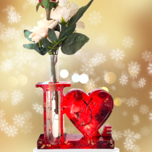 Χειροποιητο Πρωτοτυπο Βαζο και κοκκινη Καρδια απο υγρο γυαλι με αποξηραμενα τριανταφυλλα και φυλλα χρυσου μεσα του - γυαλί, καρδιά, βάζα & μπολ, ρητίνη, διακοσμητικά - 5