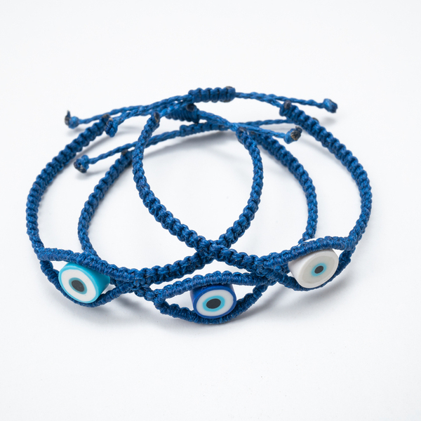 Γυναικείο βραχιόλι μακραμέ ματάκι μπλε από κορδόνι - Womens dark blue macrame bracelet Evil Eye made from thread. - νήμα, μαμά, boho, χεριού, αυξομειούμενα