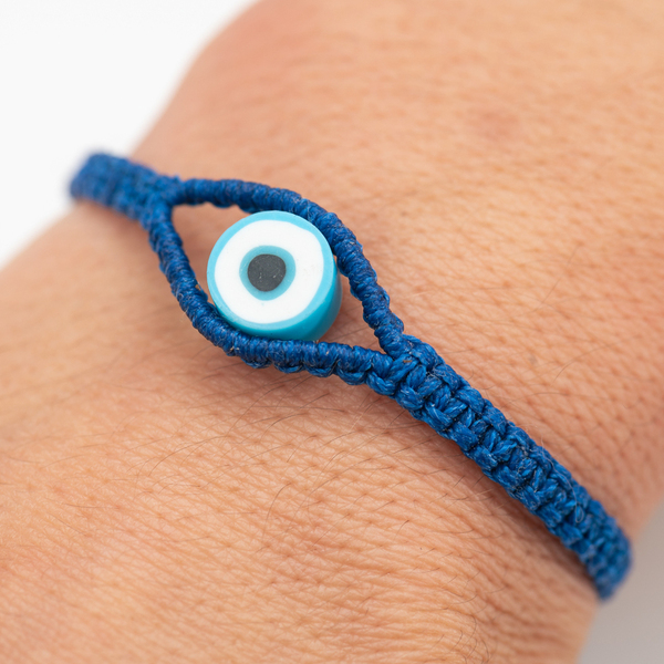 Γυναικείο βραχιόλι μακραμέ ματάκι μπλε από κορδόνι - Womens dark blue macrame bracelet Evil Eye made from thread. - νήμα, μαμά, boho, χεριού, αυξομειούμενα - 3