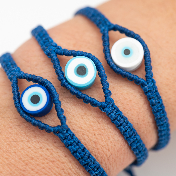 Γυναικείο βραχιόλι μακραμέ ματάκι μπλε από κορδόνι - Womens dark blue macrame bracelet Evil Eye made from thread. - νήμα, μαμά, boho, χεριού, αυξομειούμενα - 5