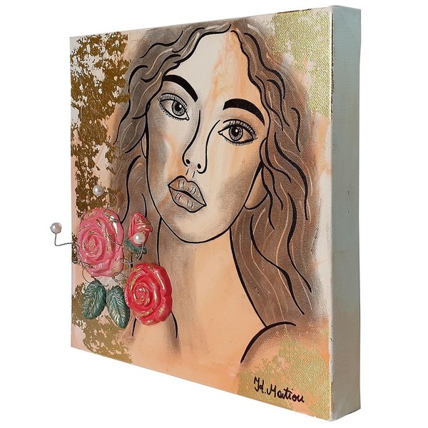3D Πίνακας ζωγραφικής Κοπέλα με τριαντάφυλλα 30x30cm - πίνακες & κάδρα, 3d, πίνακες ζωγραφικής - 3