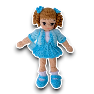Πλεκτή κούκλα Κατερίνα 31εκ με γαλάζια ρούχα, χειροποίητη, σε κουτί δώρο, για κορίτσι - κορίτσι, δώρο, λούτρινα, παιχνίδια, amigurumi