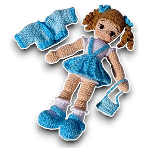 Πλεκτή κούκλα Κατερίνα 31εκ με γαλάζια ρούχα, χειροποίητη, σε κουτί δώρο, για κορίτσι - κορίτσι, δώρο, λούτρινα, παιχνίδια, amigurumi - 2