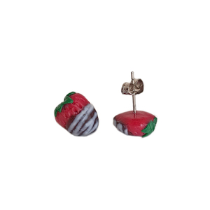 Καρφωτά σκουλαρίκια φράουλες με σοκολάτα - πηλός, μικρά, ατσάλι, boho