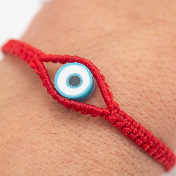Γυναικείο βραχιόλι μακραμέ ματάκι κόκκινο από κορδόνι - Womens red macrame bracelet Evil Eye made from thread - νήμα, μαμά, boho, χεριού, αυξομειούμενα - 3
