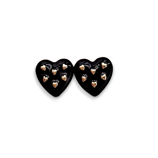 Vintage black stone heart earings/ vintage σκουλαρίκια μαύρα με χρυσές καρδιές - ασήμι, ορείχαλκος, καρφωτά, boho, νυφικά