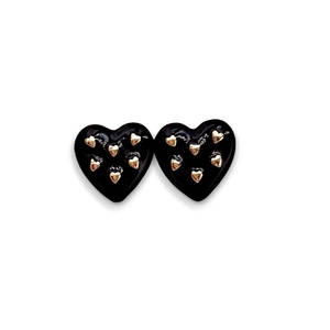 Vintage black stone heart earings/ vintage σκουλαρίκια μαύρα με χρυσές καρδιές - ασήμι, ορείχαλκος, καρφωτά, boho, νυφικά - 2