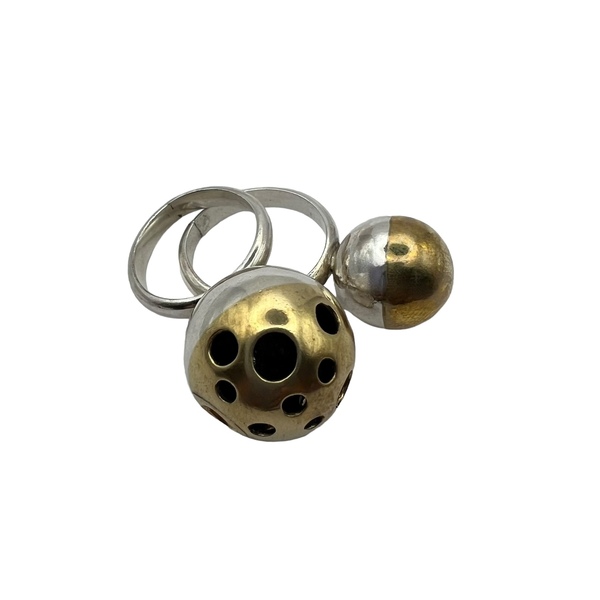 Brass Planet Sphera σετ απο 2 δαχτυλίδια ασήμι 925 με ορειχάλκινη λεπτομέρεια - ασήμι 925, γεωμετρικά σχέδια, χειροποίητα, σταθερά