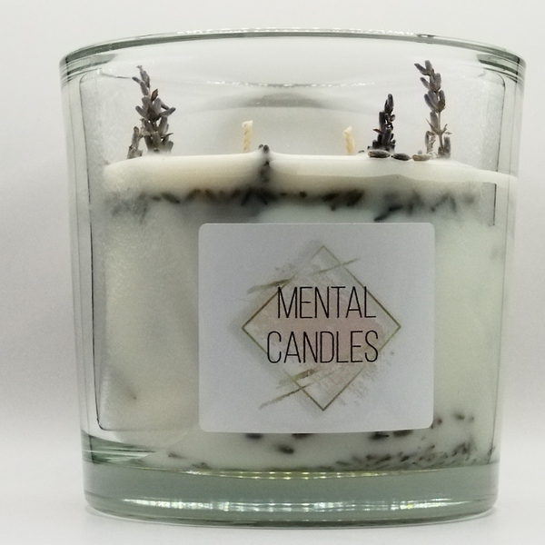 Αρωματικό κερί λευκό σε γυάλινο βάζο 12εκΧ12εκ με άρωμα λεβάντας και αποξηραμένη λεβάντα - αρωματικά κεριά