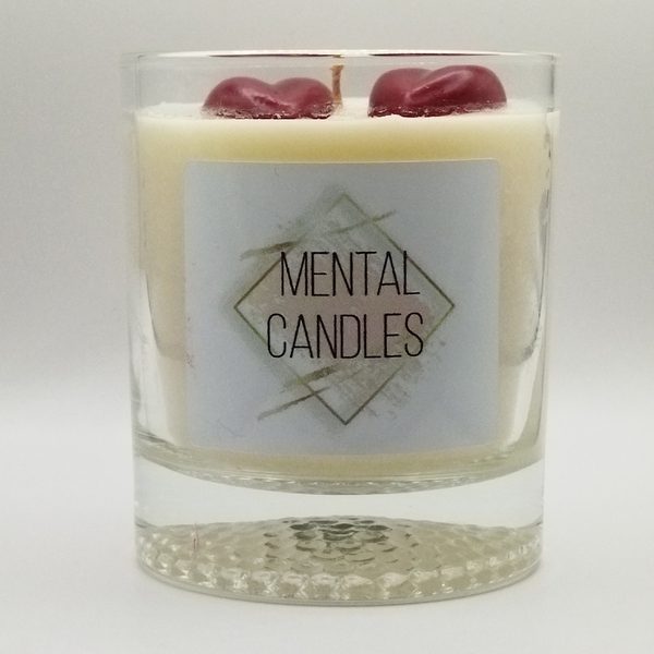 Χειροποίητο αρωματικό κερί λευκό 320γρμ σε γυάλινο ποτήρι 10εκχ 8εκ με άρωμα βανίλια και δύο κόκκινες καρδιές - γυαλί, κερί