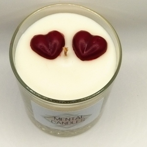 Χειροποίητο αρωματικό κερί λευκό 320γρμ σε γυάλινο ποτήρι 10εκχ 8εκ με άρωμα βανίλια και δύο κόκκινες καρδιές - γυαλί, κερί - 2