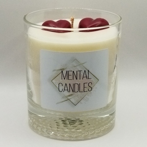 Χειροποίητο αρωματικό κερί λευκό 320γρμ σε γυάλινο ποτήρι 10εκχ 8εκ με άρωμα βανίλια και δύο κόκκινες καρδιές - γυαλί, κερί - 3