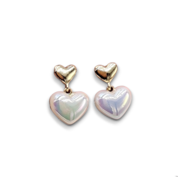 Earings love double pearls σκουλαρίκια σε σχήμα καρδιά διπλή σε άσπρο κα χρυσό - ορείχαλκος, ασήμι 925, boho, πέρλες, νυφικά