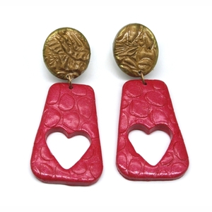 Σκουλαρίκια Καρδιές RED & GOLD - επιχρυσωμένα, πηλός, ατσάλι, μεγάλα, καρφάκι