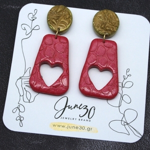 Σκουλαρίκια Καρδιές RED & GOLD - επιχρυσωμένα, πηλός, ατσάλι, μεγάλα, καρφάκι - 3