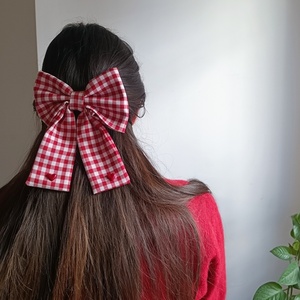 Red gingham bow - ύφασμα, φιόγκος, hair clips - 5