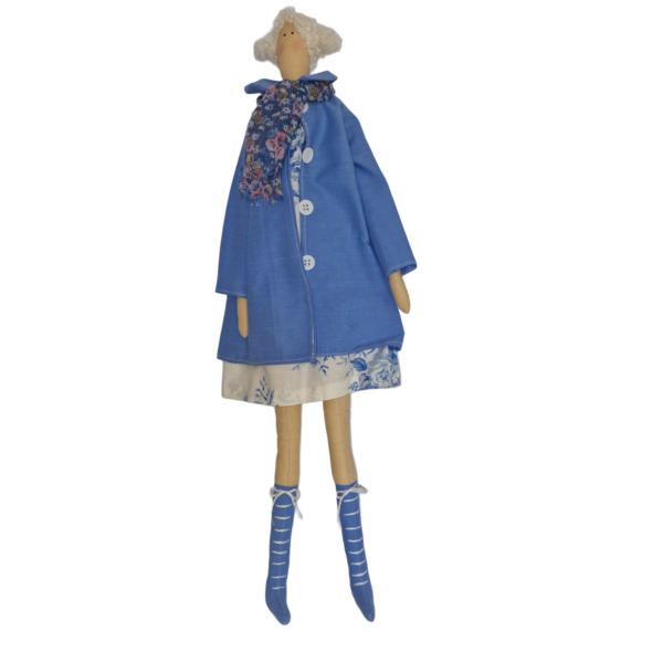 Υφασμάτινη διακοσμητική κούκλα με σιέλ πανωφόρι και εμπριμέ φόρεμα - ύφασμα, διακοσμητικά