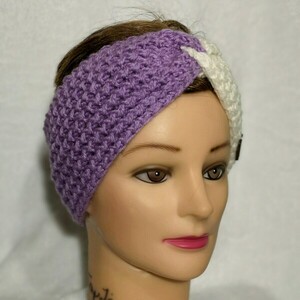 Xειροποίητη πλεκτή Κορδέλα μαλλιών / Headband / earwarmer, μώβ και λευκό - μαλλί, ακρυλικό, σκουφάκια, headbands