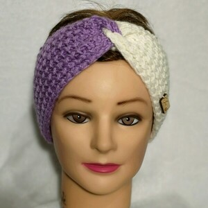 Xειροποίητη πλεκτή Κορδέλα μαλλιών / Headband / earwarmer, μώβ και λευκό - μαλλί, ακρυλικό, σκουφάκια, headbands - 3