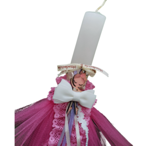 Αρωματική λαμπάδα διακοσμημένη με ροζ τουλι και μπαλαρίνα με φιόγκο - αρωματικά κεριά, αρωματικές λαμπάδες