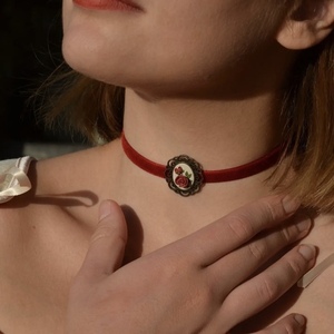 Vintage Choker Necklace | Μπορντό Βελούδινο Τσόκερ με Κόκκινα Τριαντάφυλλα (Πολυμερικός Πηλός, Μπρούντζος) (Μήκος 33cm + 5cm) - τσόκερ, κοντά, λουλούδι, μπρούντζος, αυξομειούμενα - 2