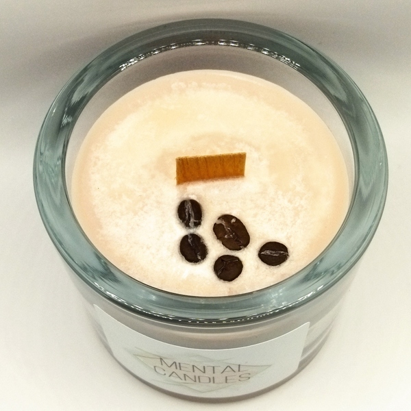 Χειροποίητο φυτικό κερί με άρωμα καφέ σόγιας 200γρμ χρώματος καφέ σε γυάλινο βάζο 8εκ Χ9εκ με ξύλινο φυτίλι - αρωματικά κεριά - 2