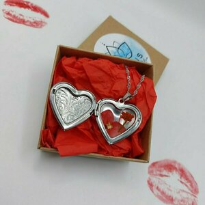 heart necklace (με υγρό γυαλί και φυσικό λουλούδι) Valentine <3 - γυαλί, καρδιά, κοντά, ατσάλι - 4