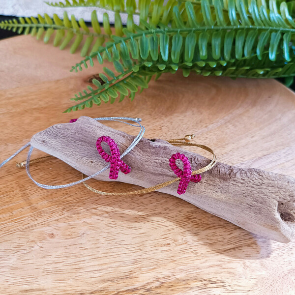 Pink ribbon - Breast cancer awareness bracelet - μακραμέ, κορδόνια, boho, φθηνά - 2