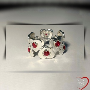Δαχτυλίδι, χειροποίητο αποτελούμενο από δέκα καρδούλες, ασημένιο με κόκκινα λαμπερά καρφωμένα ζιργκόν στο κέντρο τους. - ημιπολύτιμες πέτρες, ασήμι 925, καρδιά, σταθερά, δώρα για γυναίκες - 3