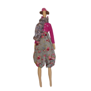 Υφασμάτινη διακοσμητική κούκλα με φούξια τζιν μπουφάν - ύφασμα, διακοσμητικά