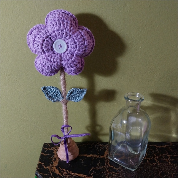 Επιτραπέζιο πλεκτό λουλούδι μαργαρίτα σε χρώμα μωβ - ξύλο, βαμβακερό νήμα, διακοσμητικά - 2