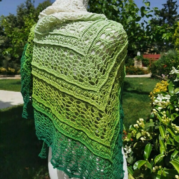 Πράσινο τριγωνικό σαλι πλεκτο βαμβακερο - crochet, χειροποίητα, εσάρπες, 100% βαμβακερό - 4