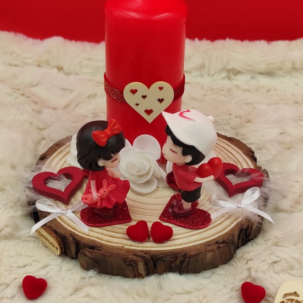 Χειροποίητο διακοσμητικό με κόκκινο κερί, ζευγαράκι, λουλούδια και καρδιές - καρδιά, κερί, βαλεντίνος, διακοσμητικά, αγ. βαλεντίνου - 3