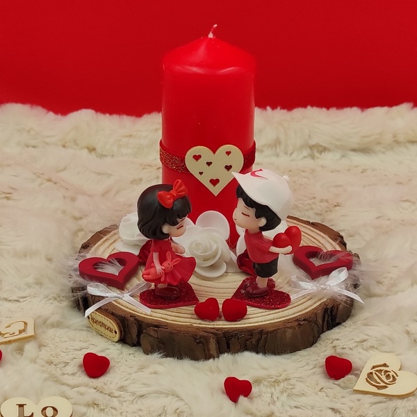 Χειροποίητο διακοσμητικό με κόκκινο κερί, ζευγαράκι, λουλούδια και καρδιές - καρδιά, κερί, βαλεντίνος, διακοσμητικά, αγ. βαλεντίνου - 4